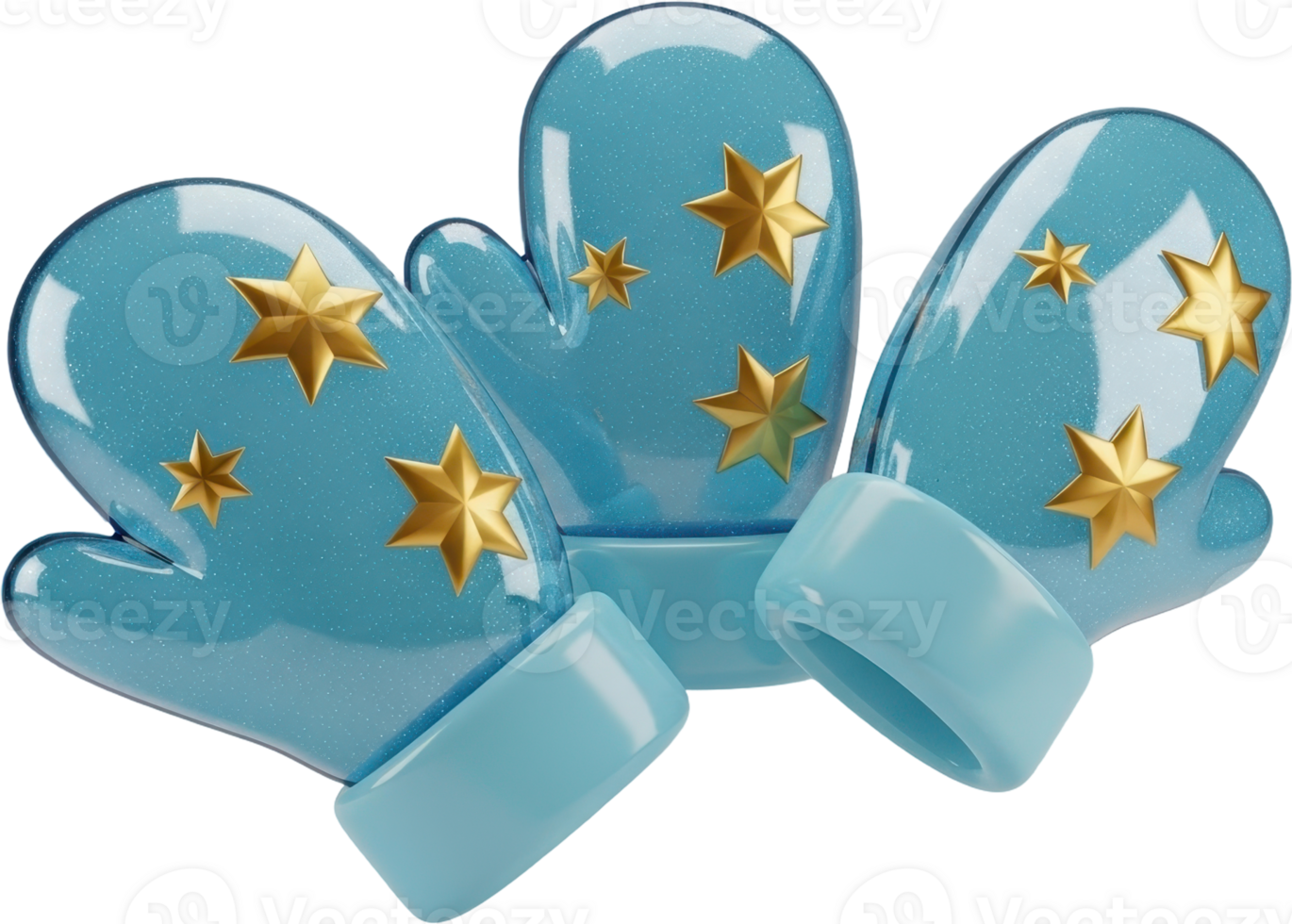 Three glossy pastel blue mittens adorned with gold stars, perfect for winter fashion png
