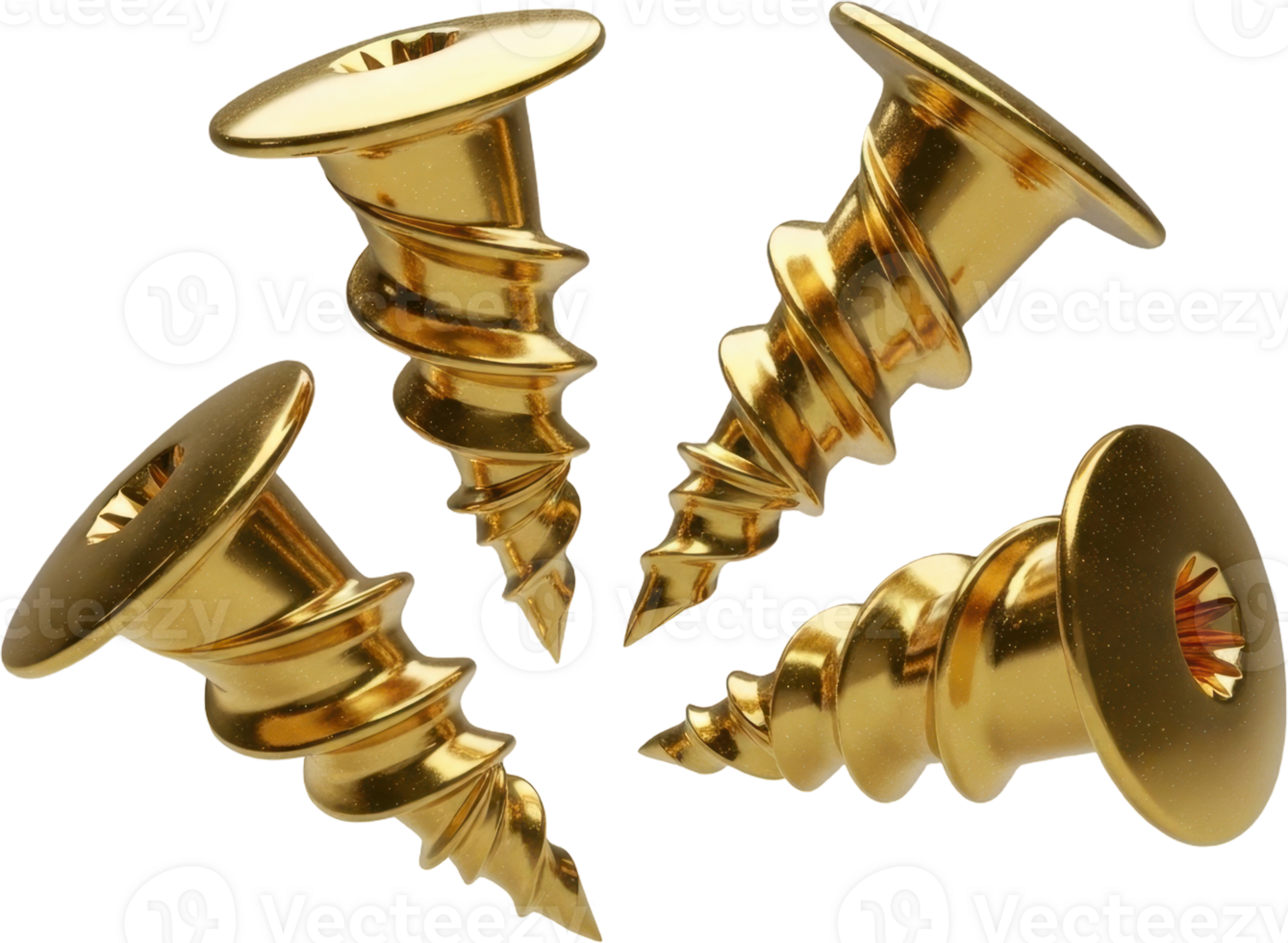 Four shiny gold self drilling drywall anchors for secure wall fastening png