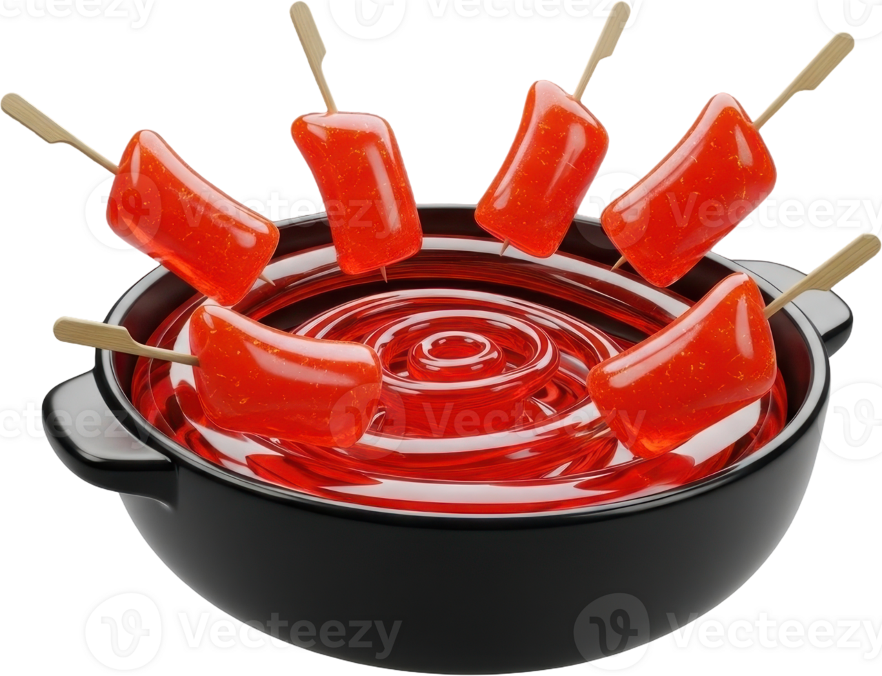 Glossy stylized tteokbokki pieces on skewers in a pot of vibrant red sauce png