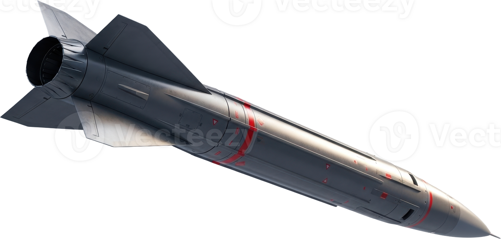 Sleek dark grey ballistic missile with red markings for modern warfare concepts png
