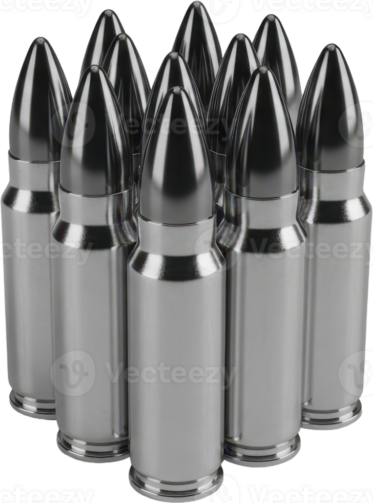 Collection of sleek rifle bullets featuring shiny silver casings and polished black tips png