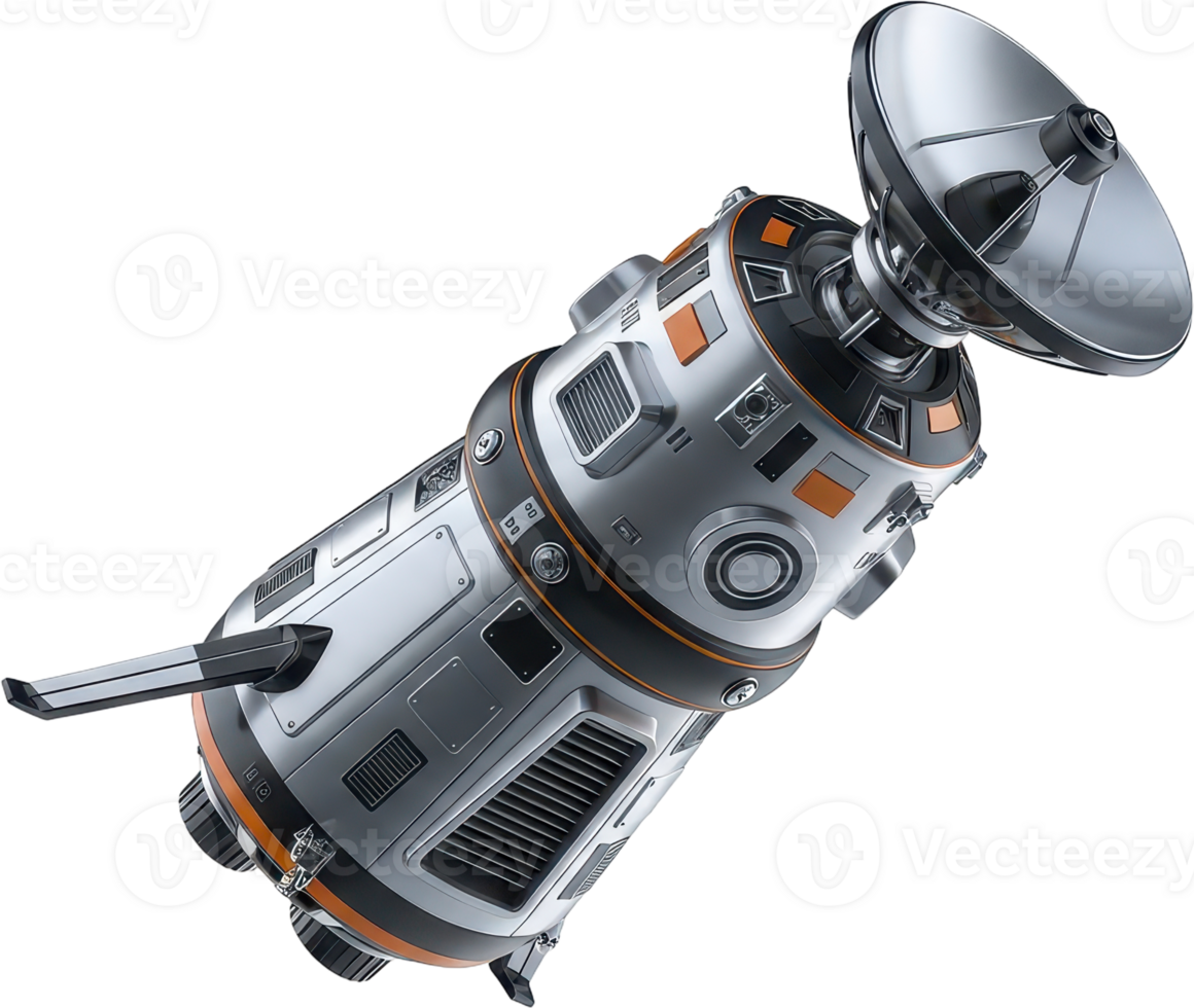 Futuristic space probe with satellite dish for deep space exploration and communication png