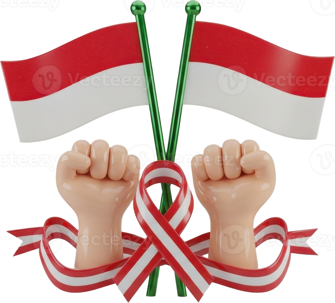 Vibrant 3d illustration of raised fists with indonesian flags and red white ribbon png