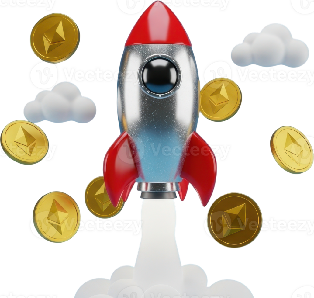 Glossy red and silver rocket ship launching with ethereum coins and clouds png