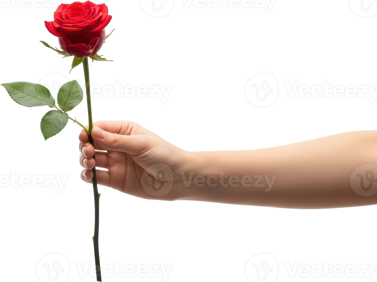 Delicate human hand holding a beautiful single vibrant red rose with a long green stem png