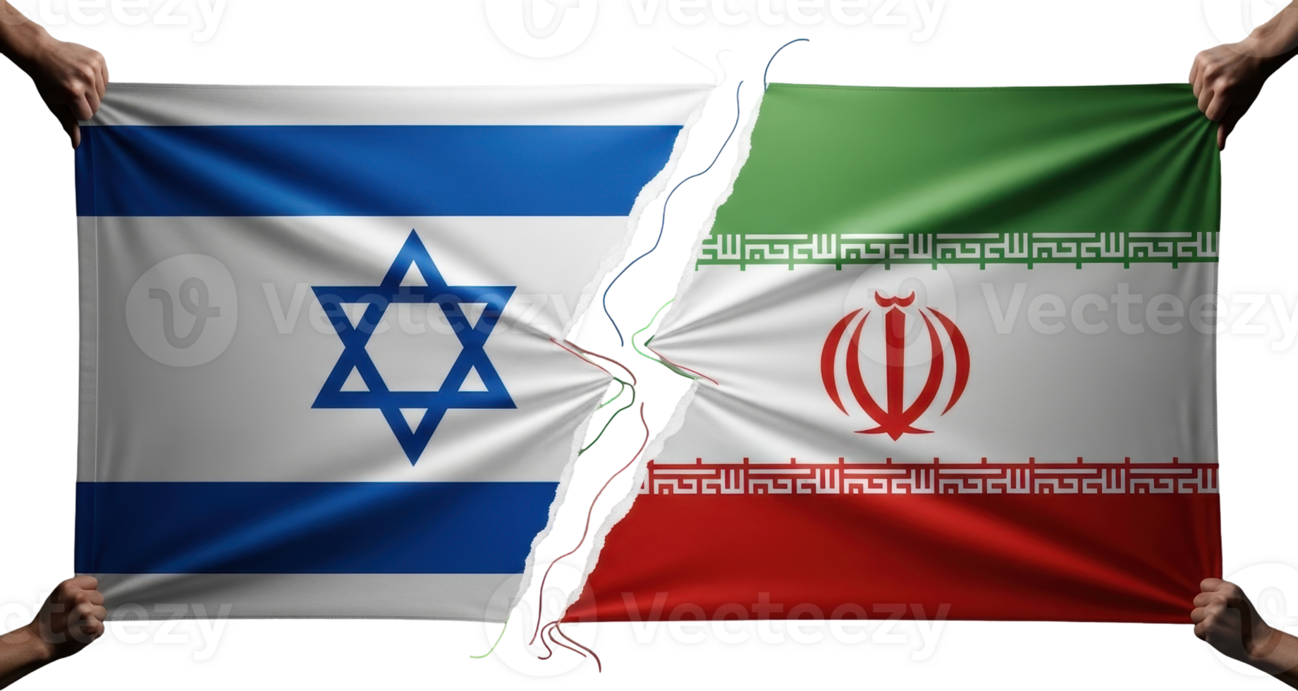 Flags of israel and iran ripped apart representing geopolitical tension png