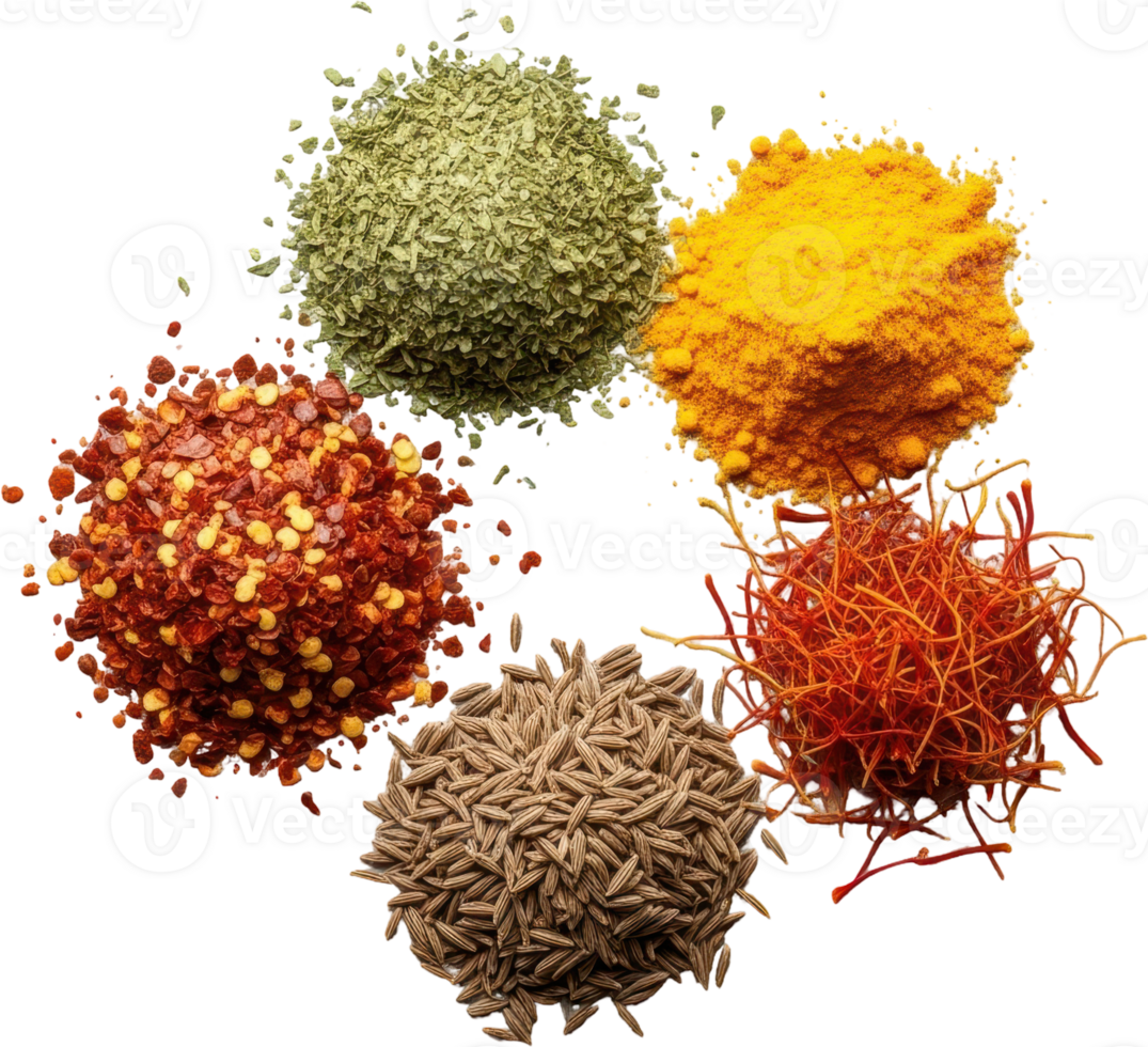 Vibrant assortment of five distinct spices including turmeric, saffron, and chili flakes png