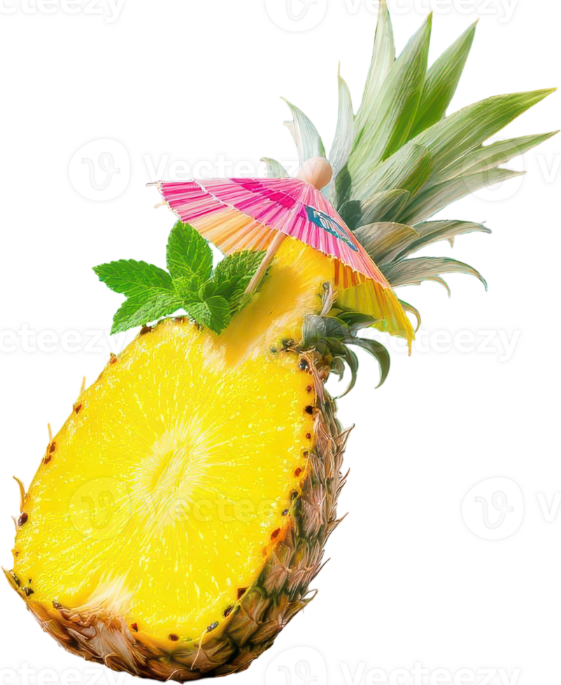 Vibrant pineapple half with mint leaves and tropical cocktail umbrella png