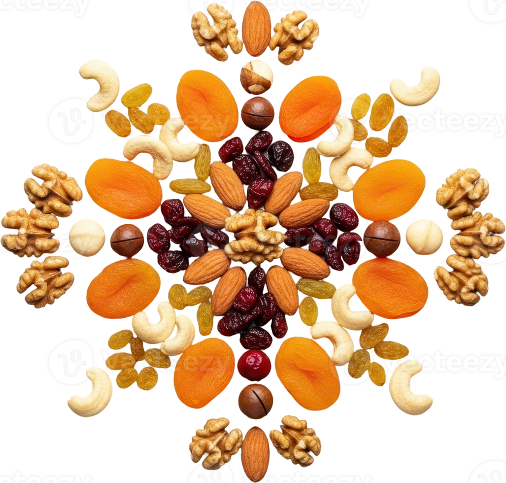 Healthy snack mix, creative arrangement of dried fruits and nuts in a radial pattern png