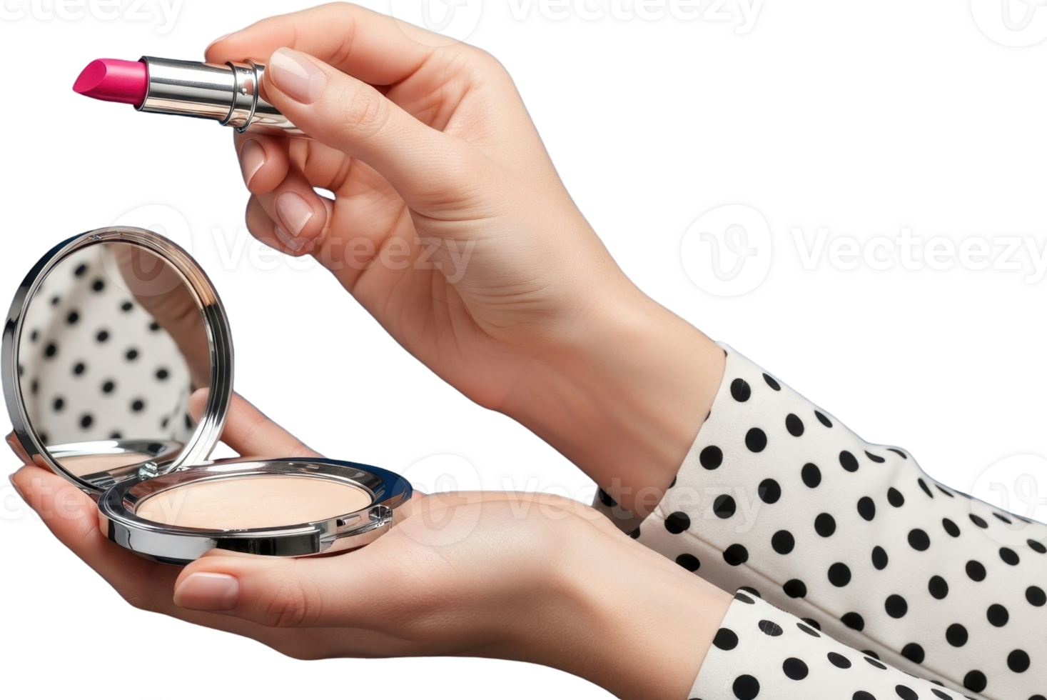 Female hands holding cosmetic items, a silver compact powder and vibrant pink lipstick png