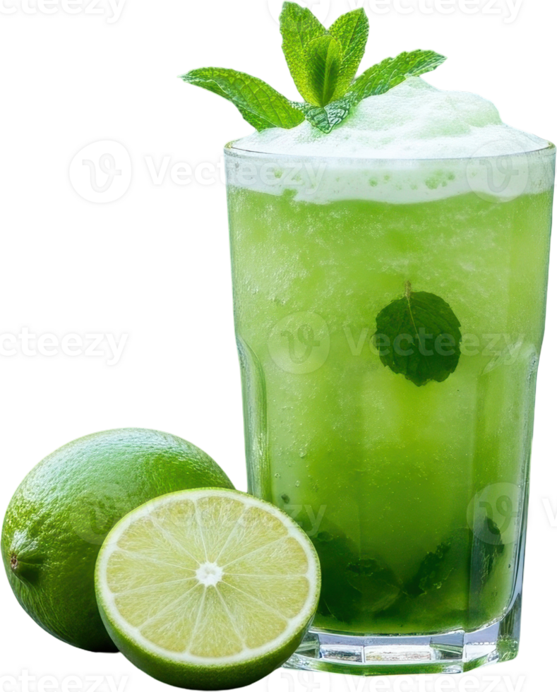 Refreshing green frothy mint lemonade drink in a tall glass with fresh limes png