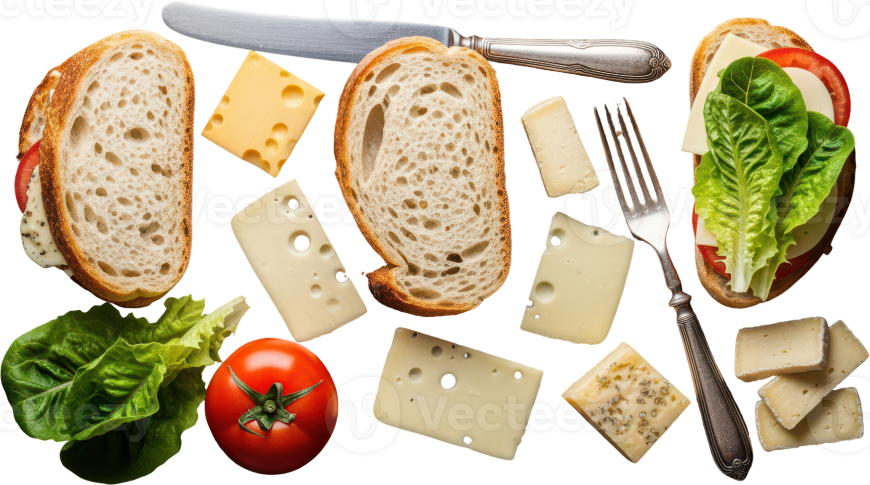 Overhead view of deconstructed sandwich with artisan bread, assorted cheeses, and fresh produce png