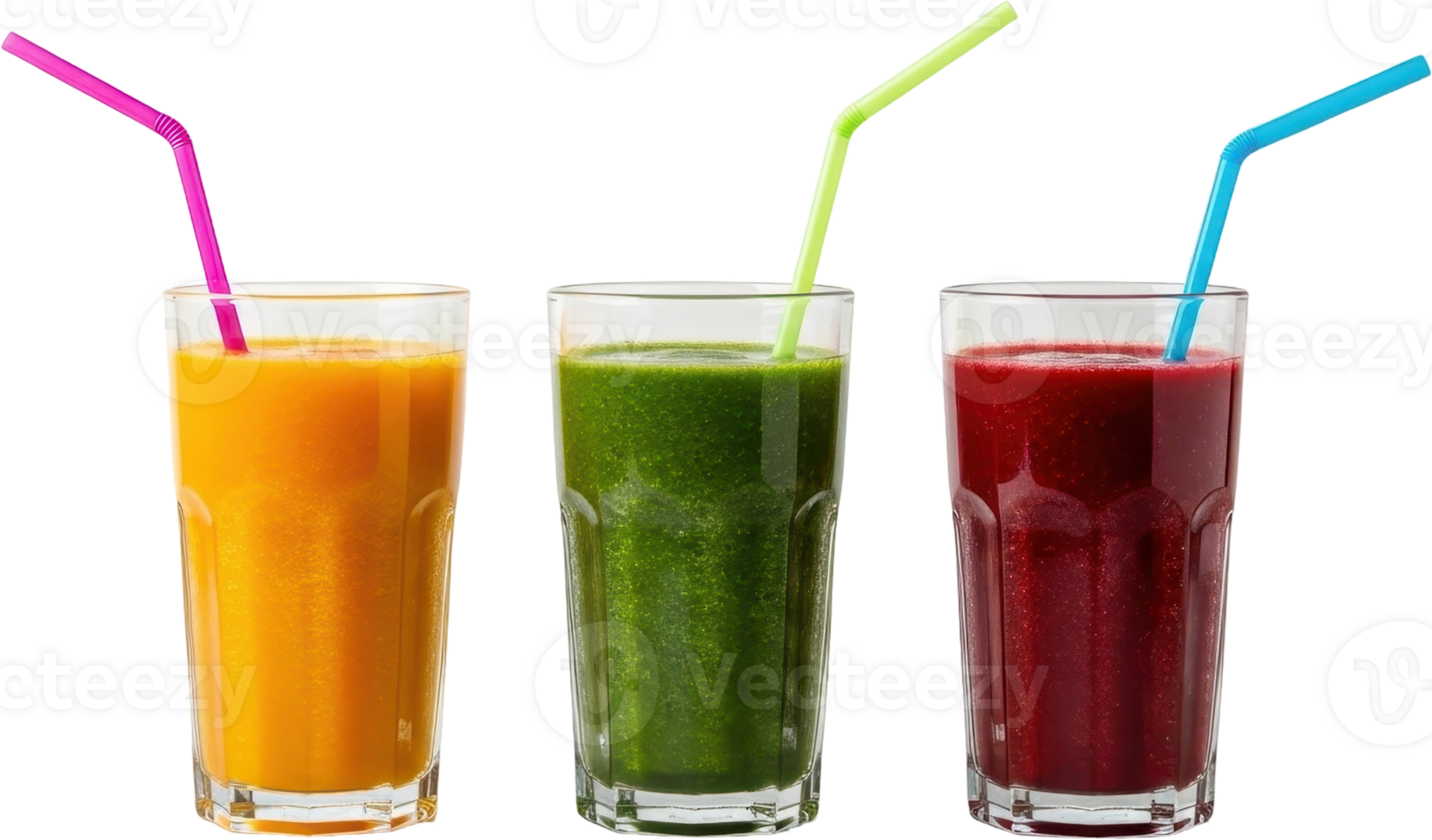 Refreshing orange green and red smoothies in glasses with drinking straws png