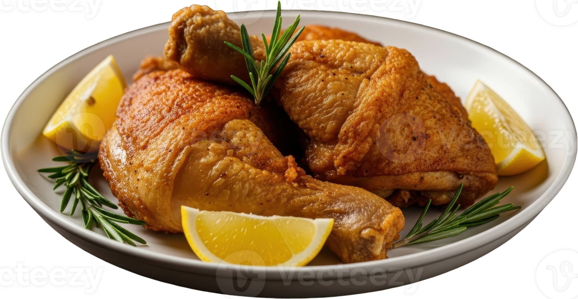 Golden brown crispy fried chicken drumsticks and thighs with lemon and rosemary png