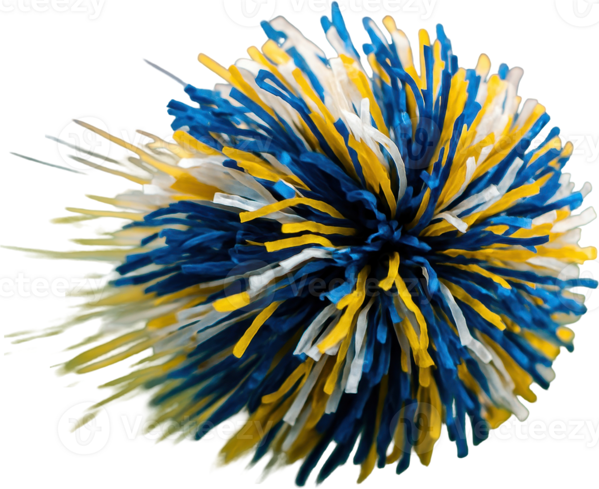 Dynamic blue, yellow, and white cheerleading pom pom in energetic motion png