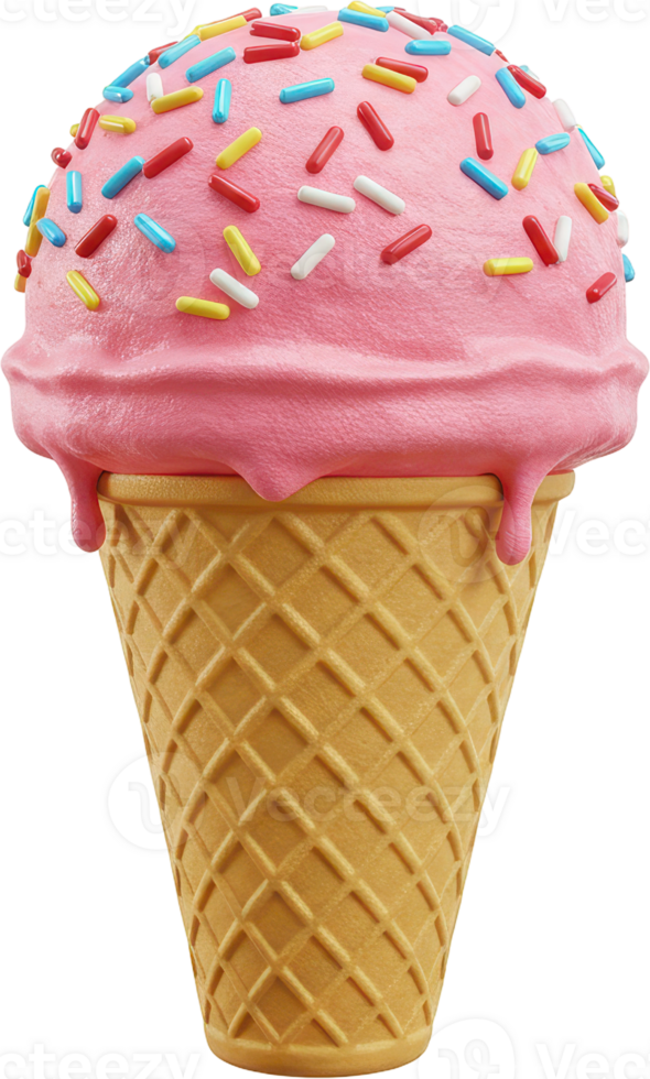 Vibrant pink ice cream cone topped with colorful sprinkles and melting drips png