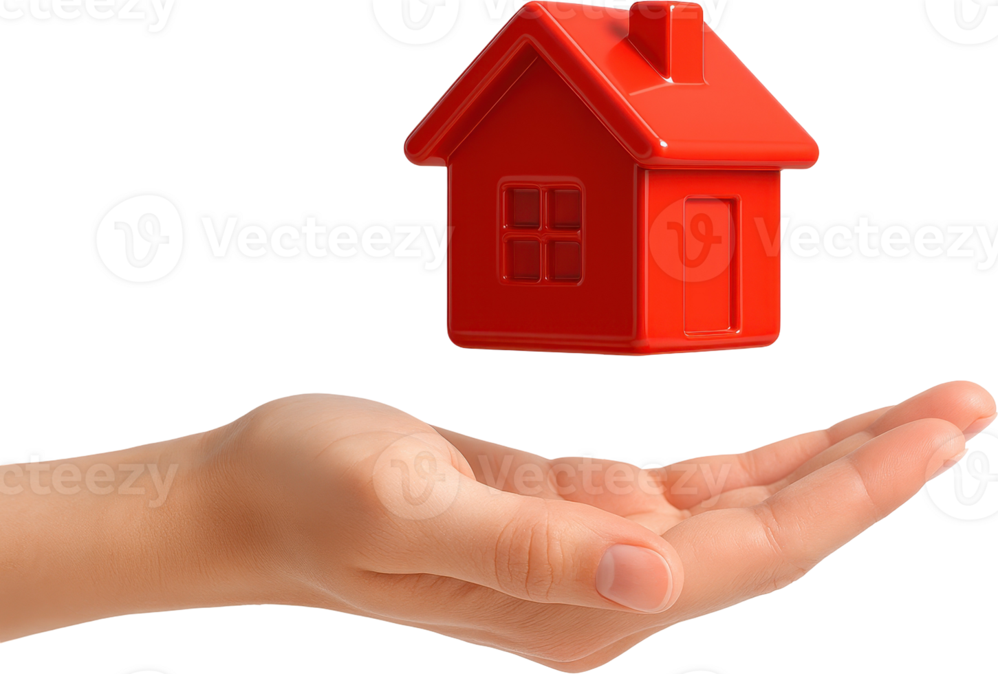 Red house model floating above an open hand, symbolizing home ownership and real estate. png