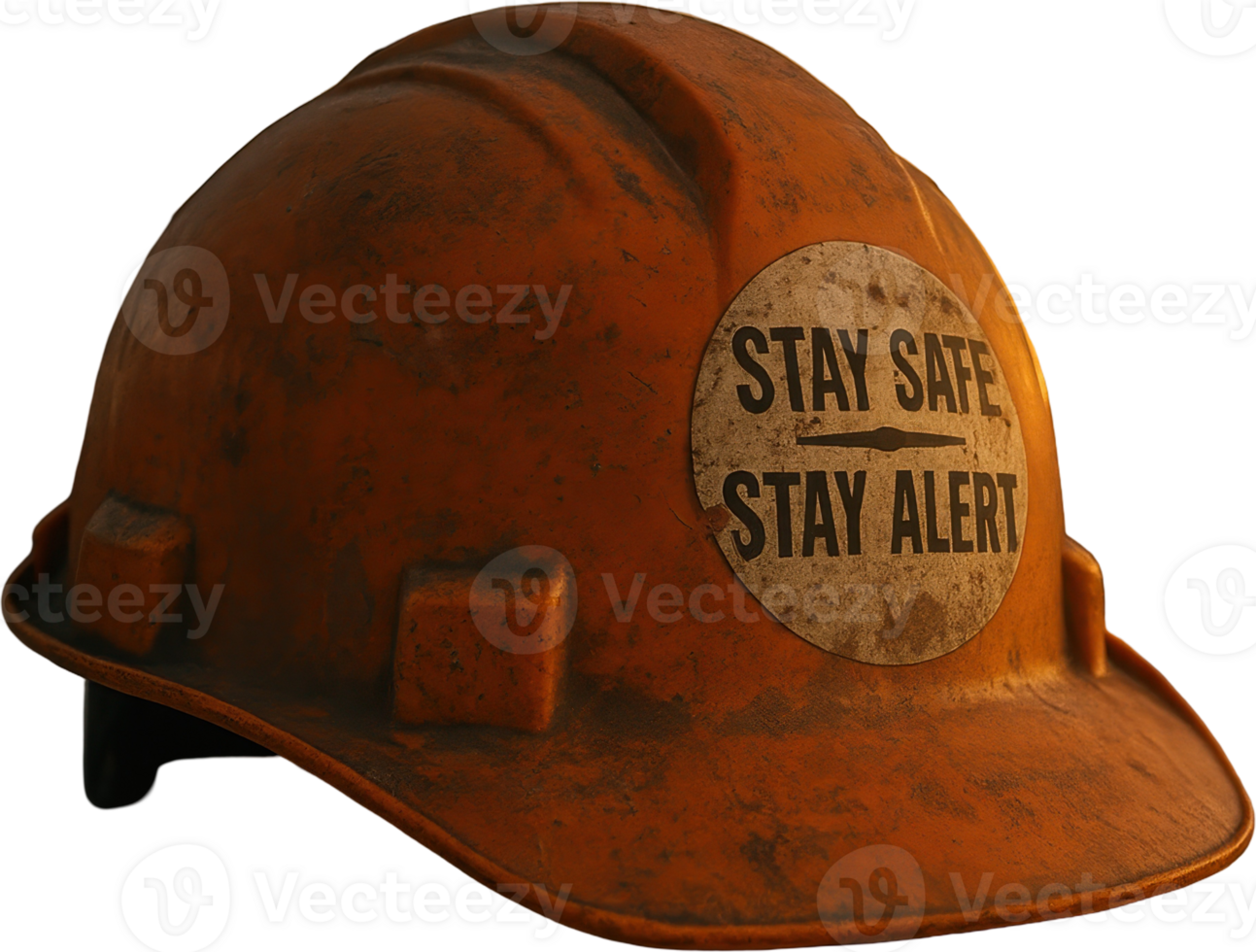 Used orange construction hard hat with stay safe stay alert safety sticker png