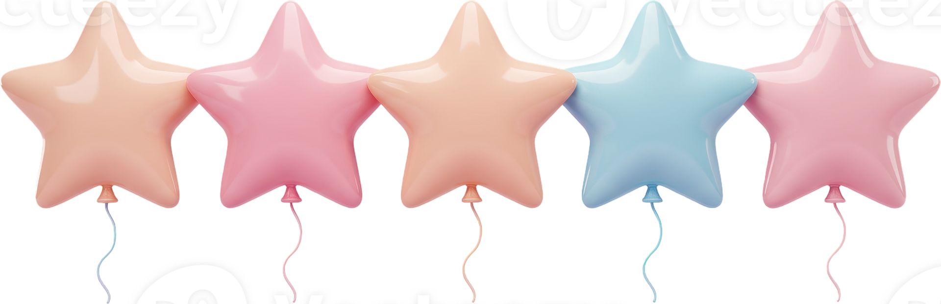 Row of five soft pastel star balloons representing a top rating or excellent review. png