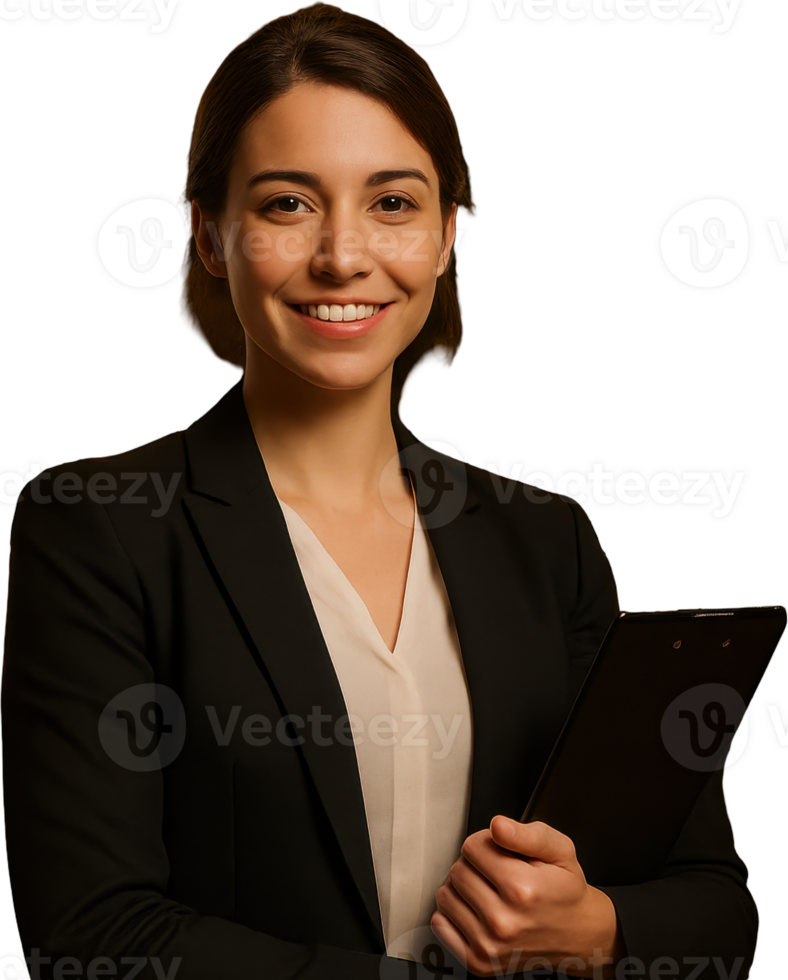 Smiling young businesswoman holding a clipboard, ready for professional tasks png