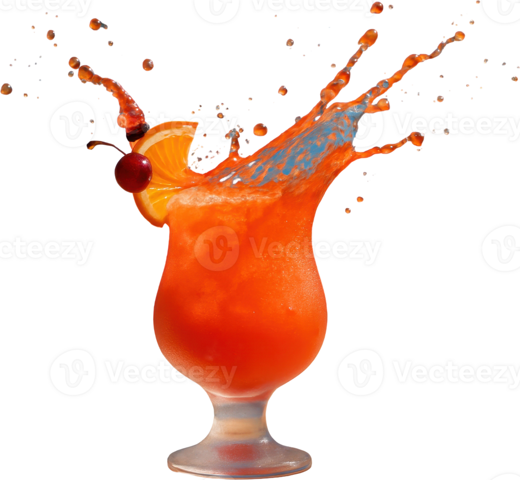 Vibrant tropical fruit cocktail splashing from a frosted glass with orange and cherry garnish png