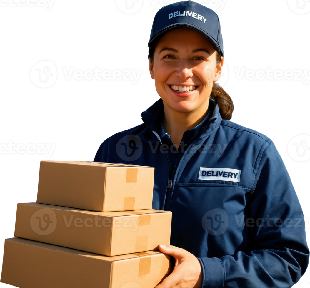 Smiling female delivery driver holding packages for fast shipping service png