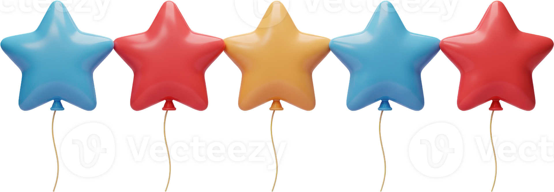 Five colorful star balloons in a row, ideal for ratings, reviews, and celebrations. png