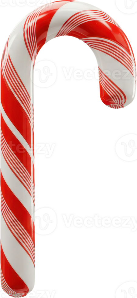 Classic red and white striped candy cane with a glossy finish, a festive holiday treat png