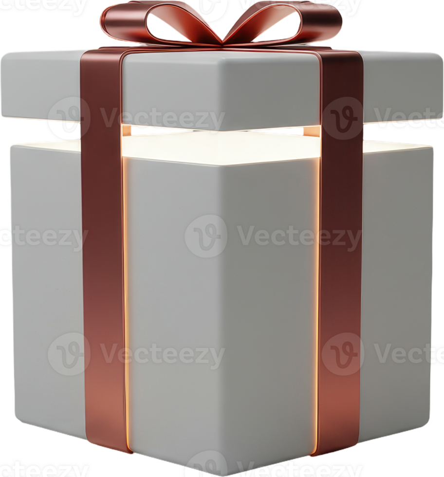 Mysterious white present box with bright inner glow and copper ribbon png