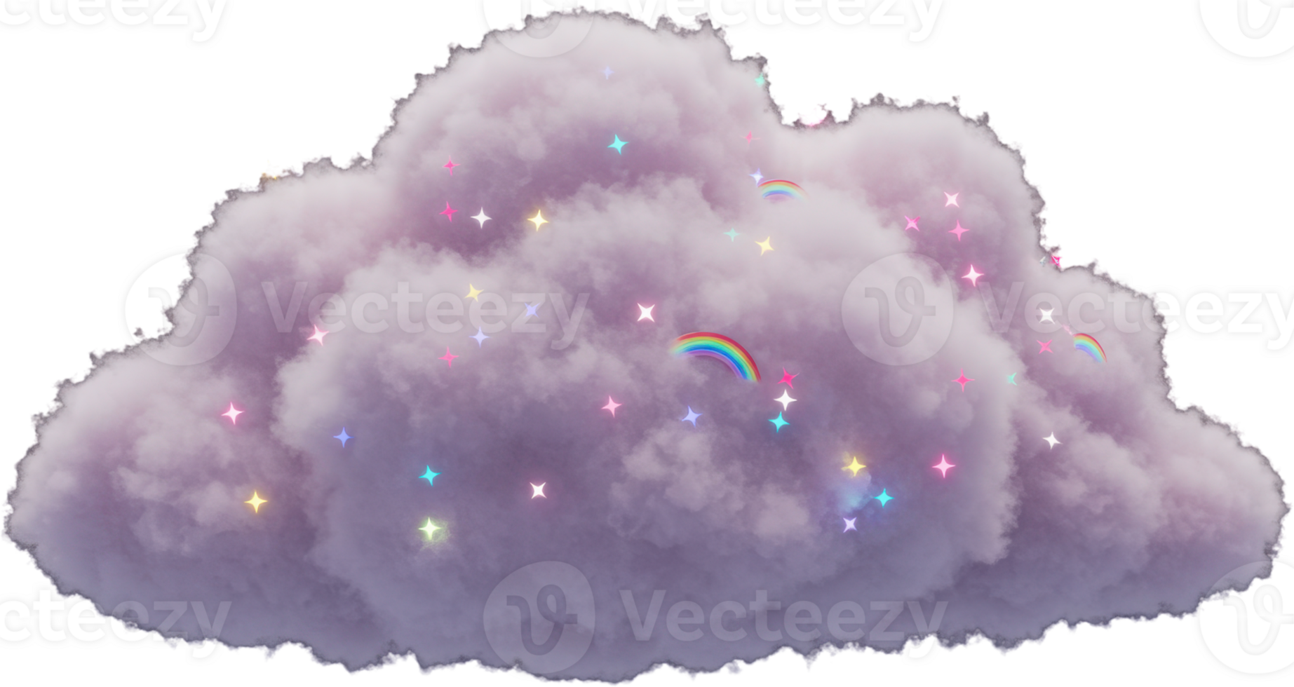 Dreamy purple cloud illustration with sparkling stars and multiple rainbows png