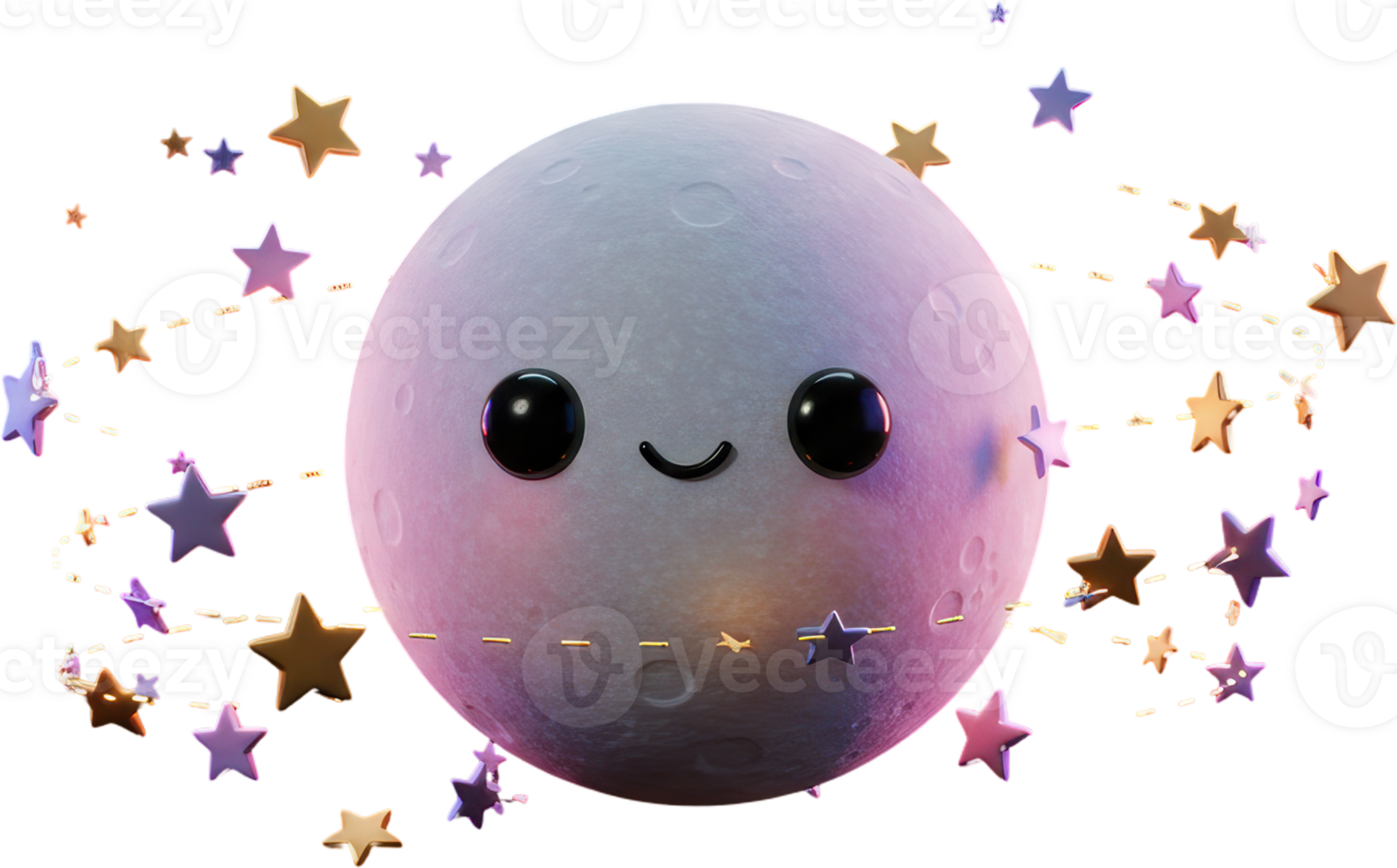 Cute 3D cartoon moon character with orbiting stars and happy face illustration png