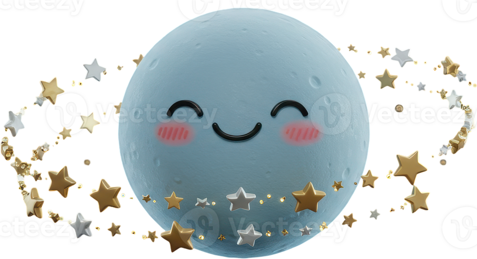 Cute 3D happy moon character with sparkling gold and silver stars orbiting png