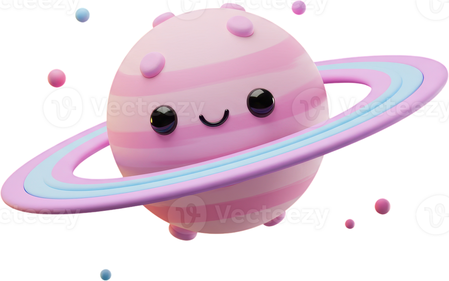 Cute pink striped planet with pastel rings and smiling face 3D illustration png
