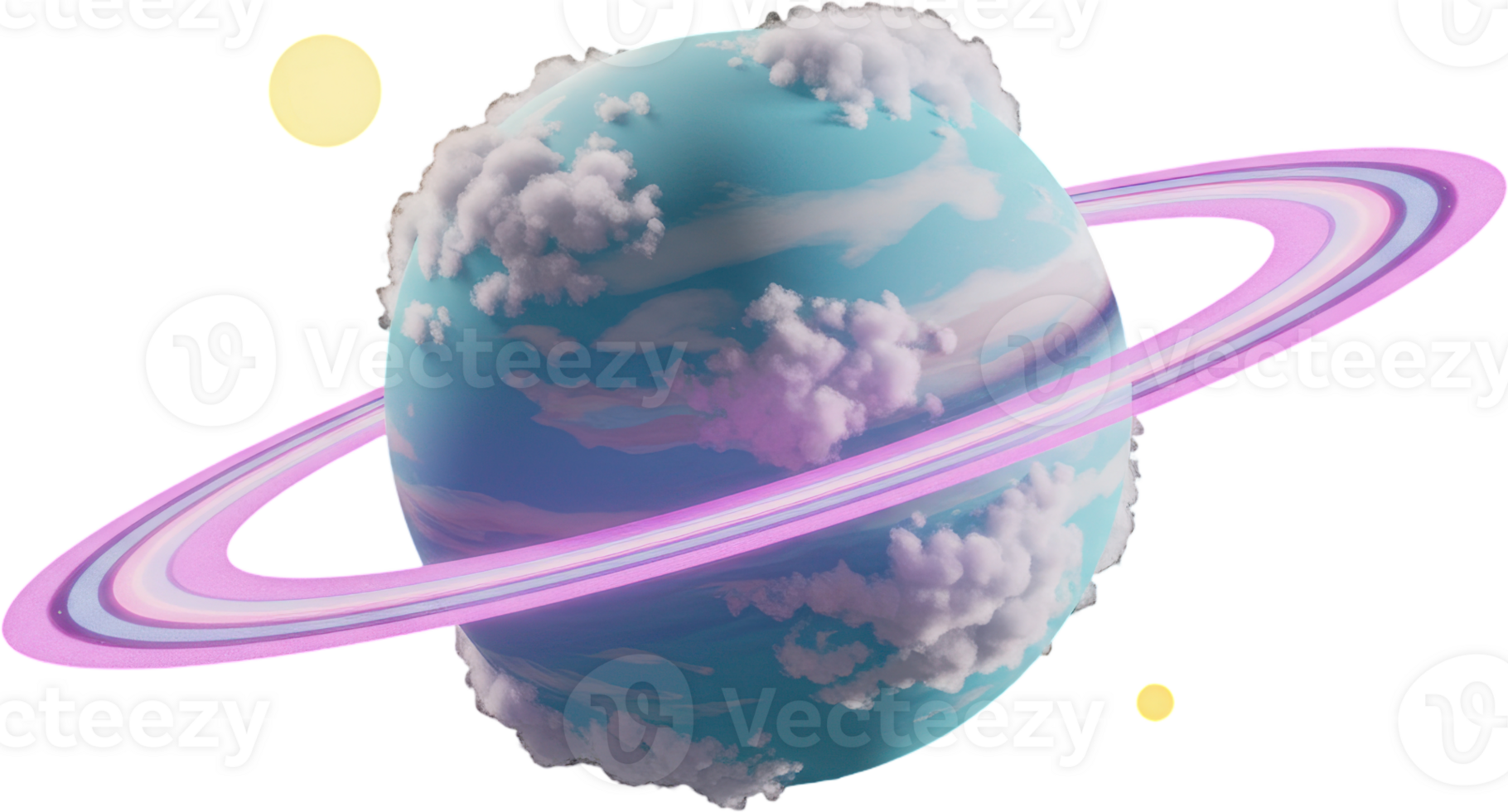 Adorable cartoon planet with soft clouds and vibrant rings floating in cosmos png