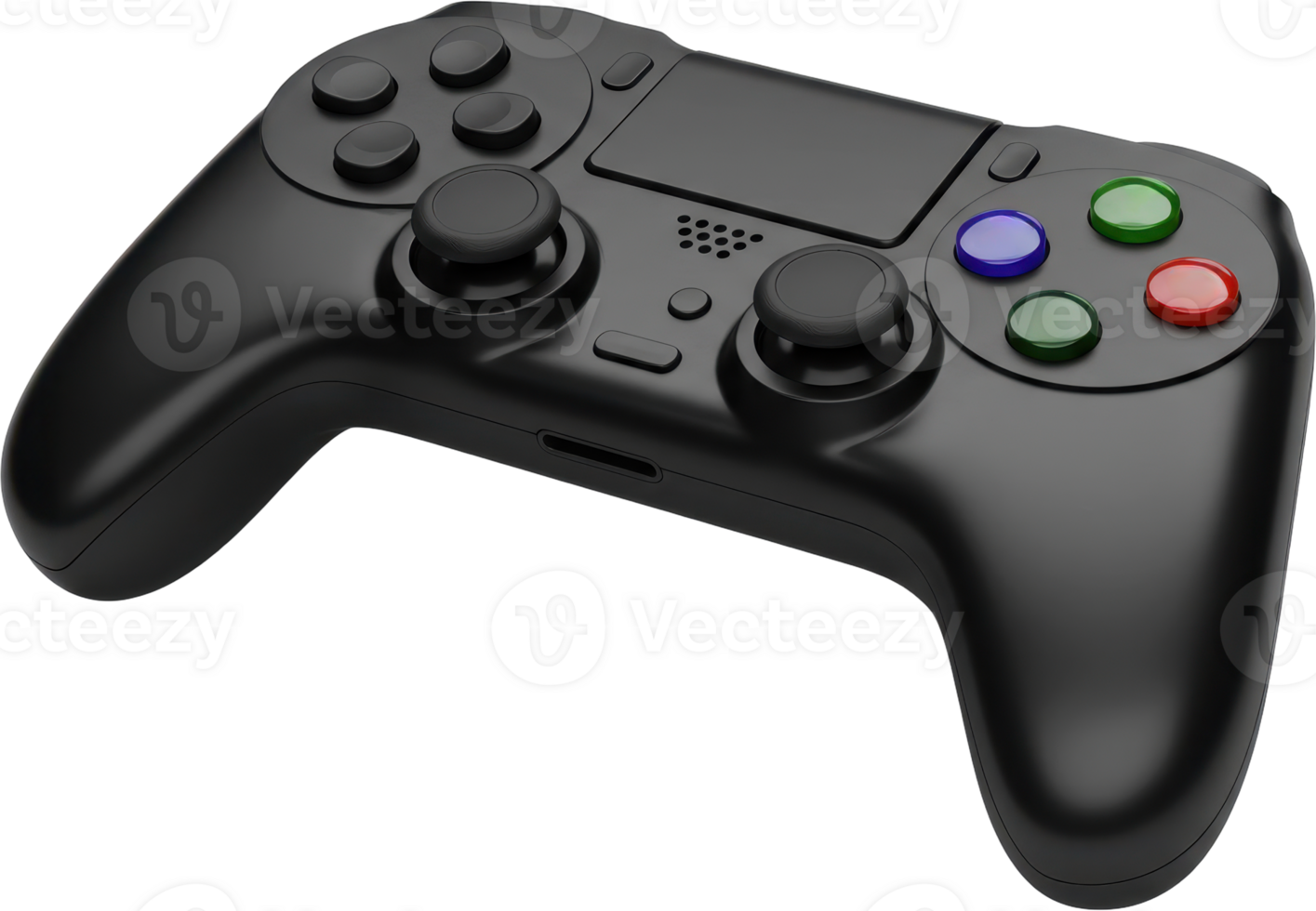Black wireless game controller with glossy buttons for modern gaming consoles png