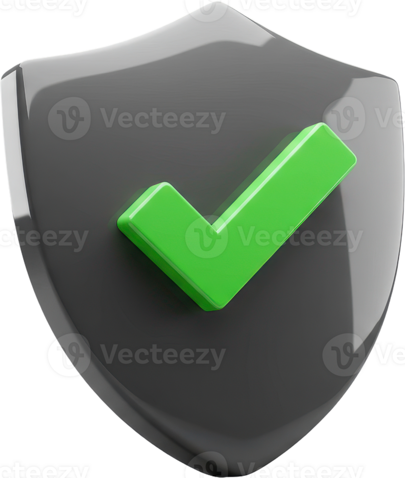 3D glossy shield with green checkmark icon for security and protection png