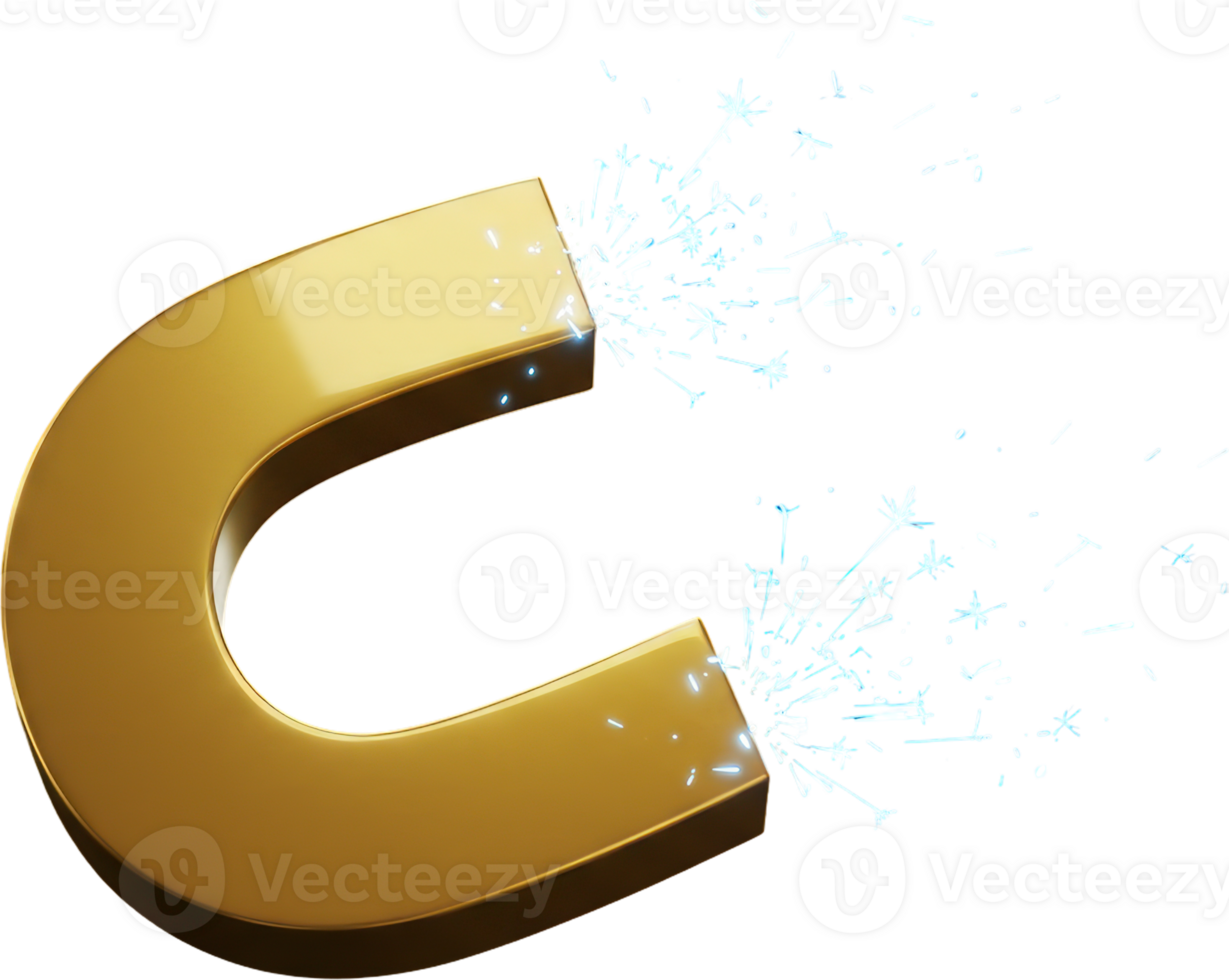 Glossy golden horseshoe magnet emitting vibrant blue sparks and particles png