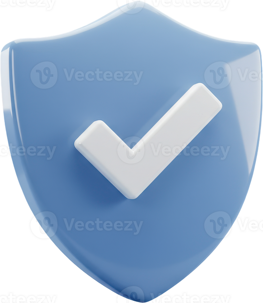 3D glossy blue shield with white checkmark for security and protection png