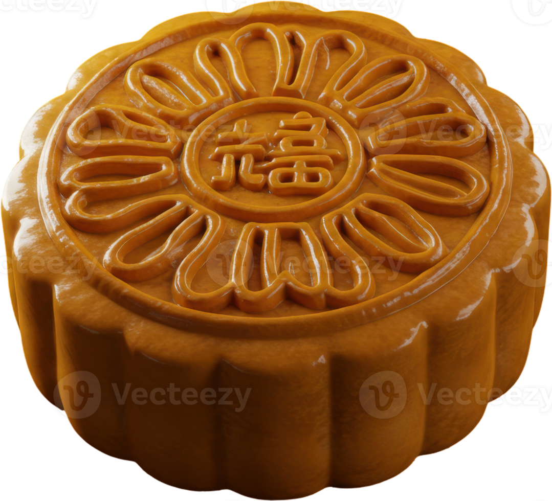 Glossy golden mooncake with traditional chinese design and auspicious symbol png