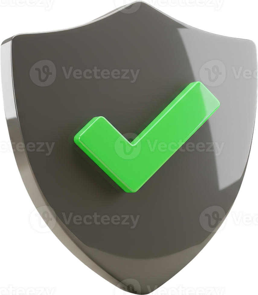 3D glossy dark shield with bright green checkmark for security and validation png