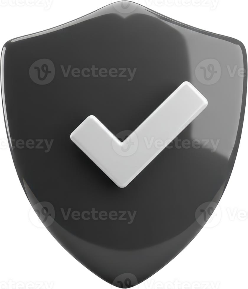 Sleek 3D black shield with white checkmark representing security and success png