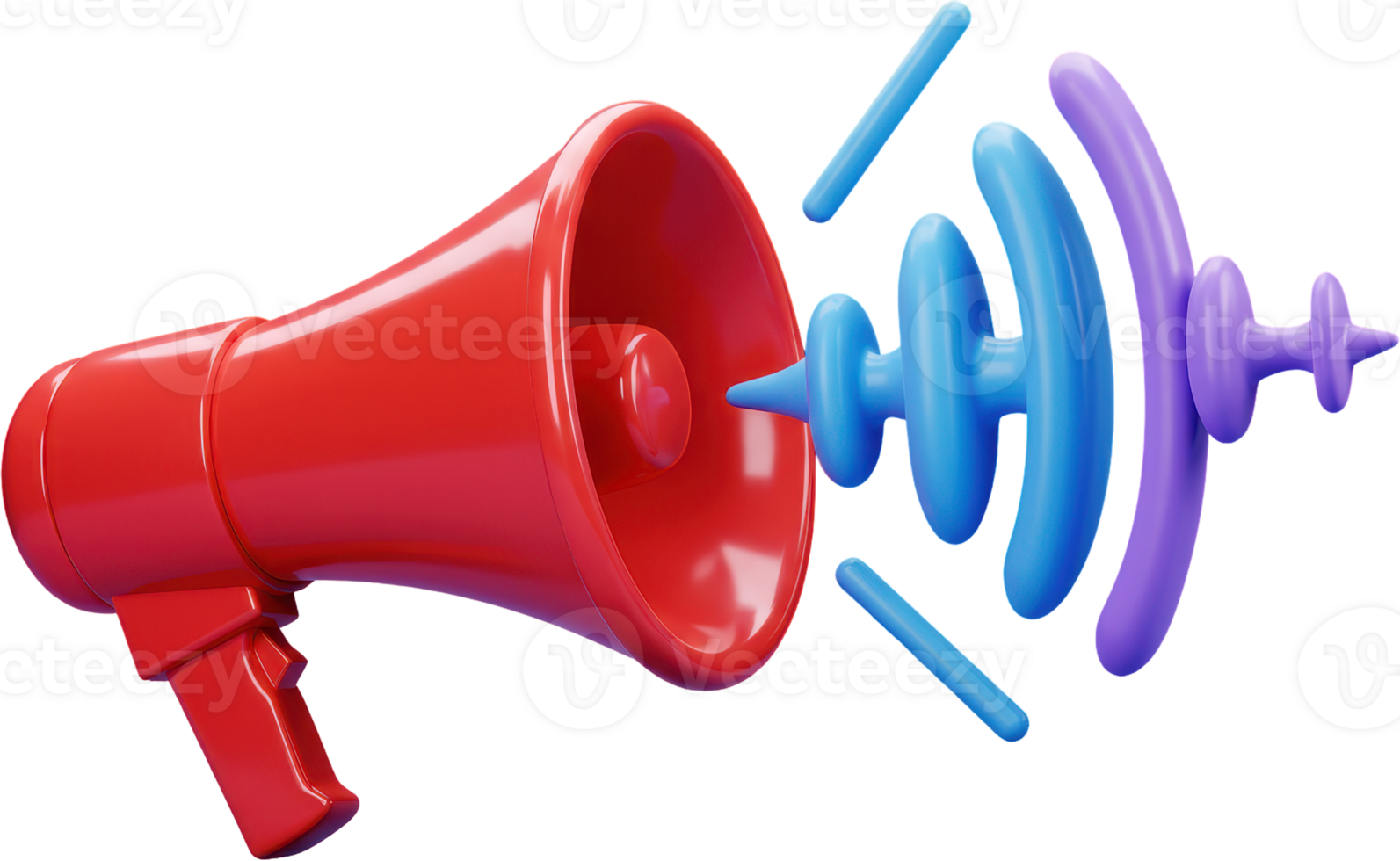 Vibrant 3D glossy red megaphone broadcasting dynamic sound waves for effective announcements png