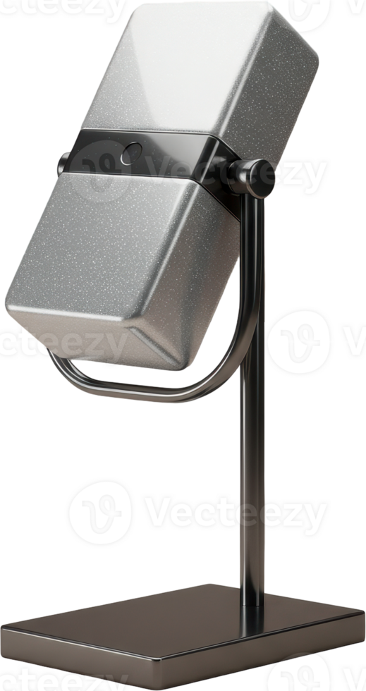 Modern silver angular microphone with a polished metallic stand and base png