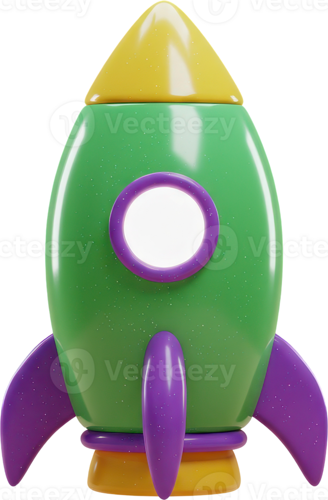 Vibrant 3D cartoon rocket in green and purple, symbolizing launch and innovation png