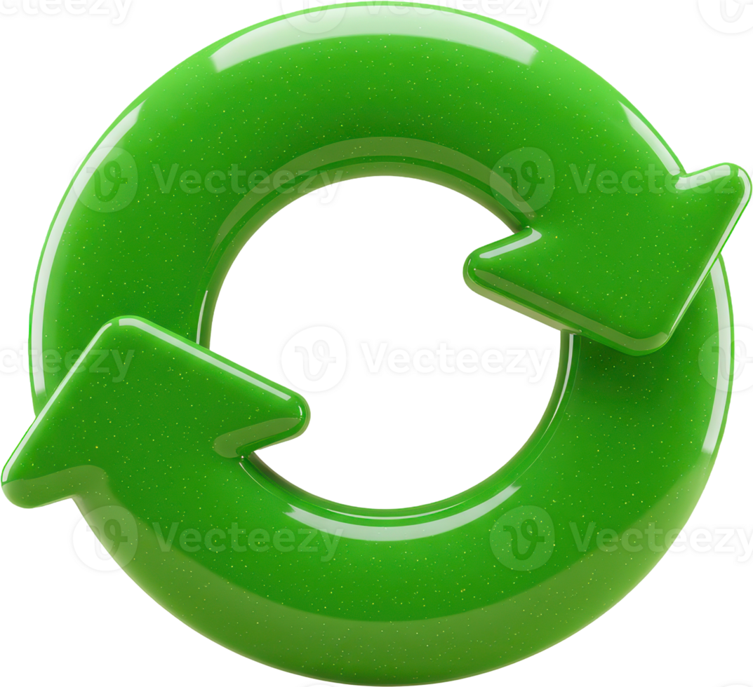 Glossy green circular arrow symbol for recycling, refresh, and continuous loop png