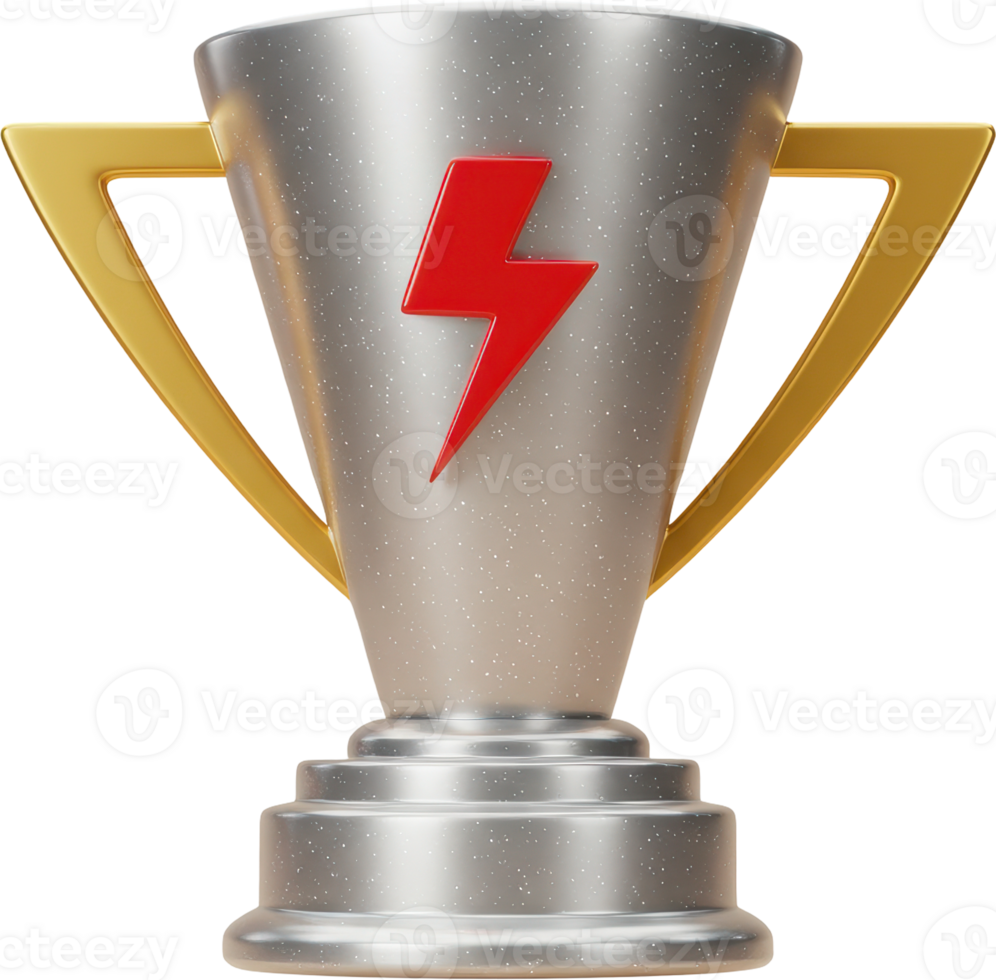 Shiny silver award trophy with gold handles and red lightning bolt icon png