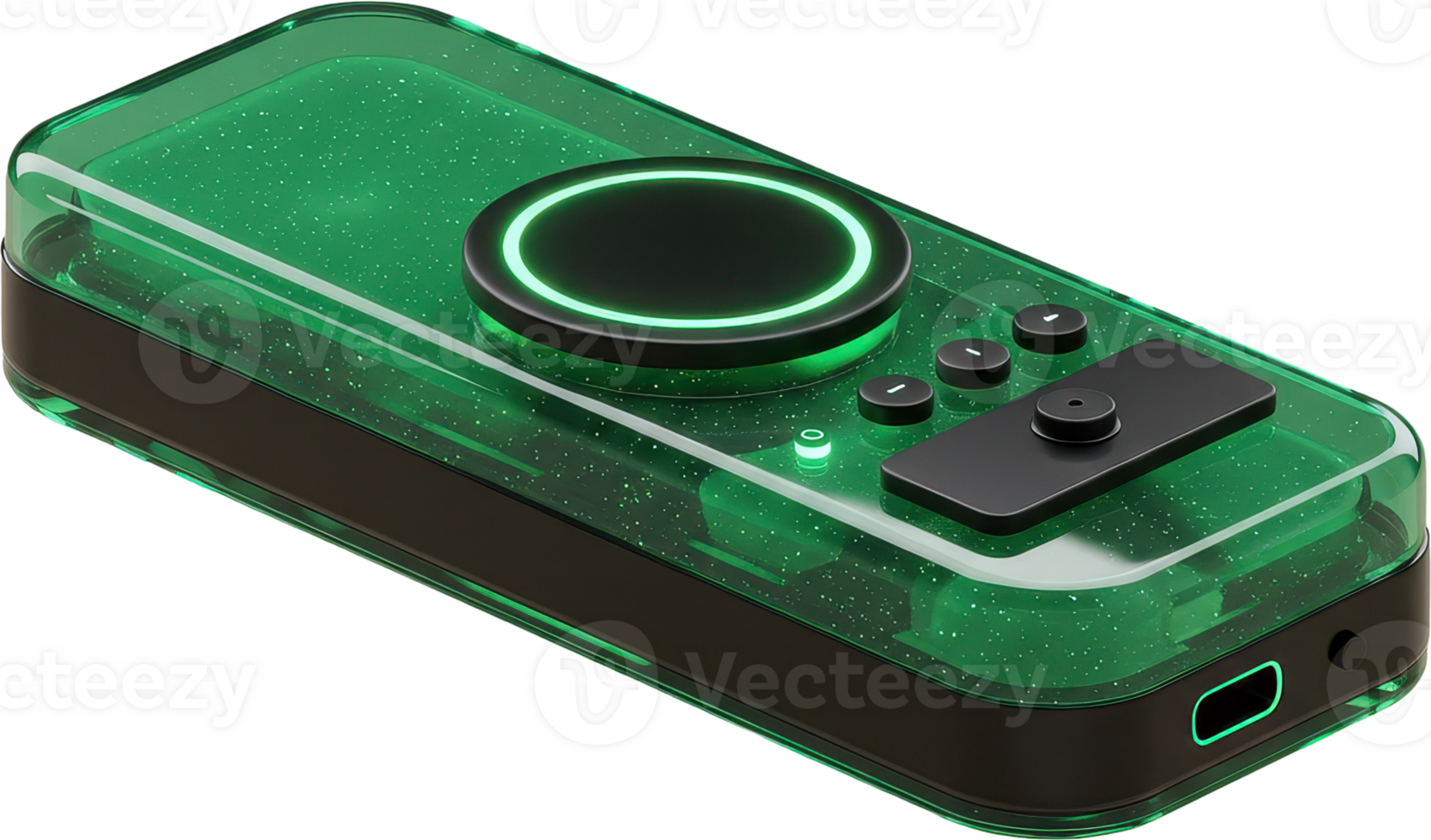 Futuristic minimalist audio interface device with translucent green casing and glowing controls png