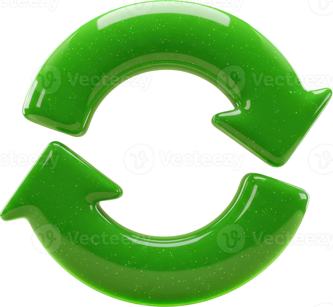 Vibrant green 3D glossy refresh arrows icon for digital reload and recycle concepts png