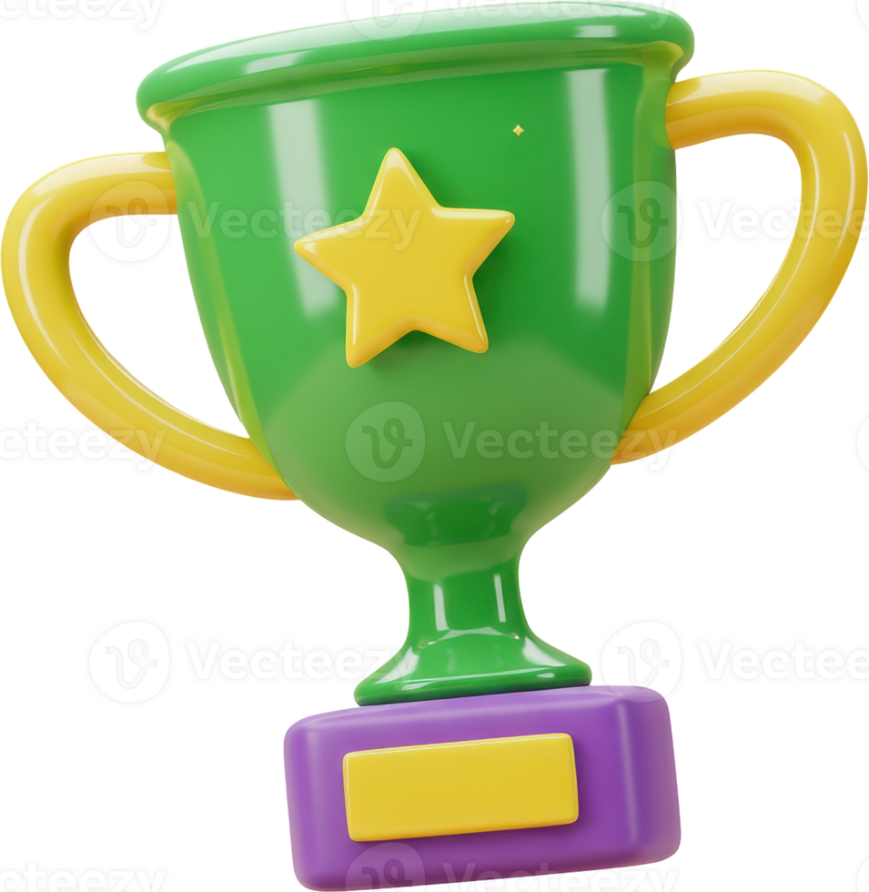 3D glossy green trophy with yellow star and handles, symbolizing victory and success png