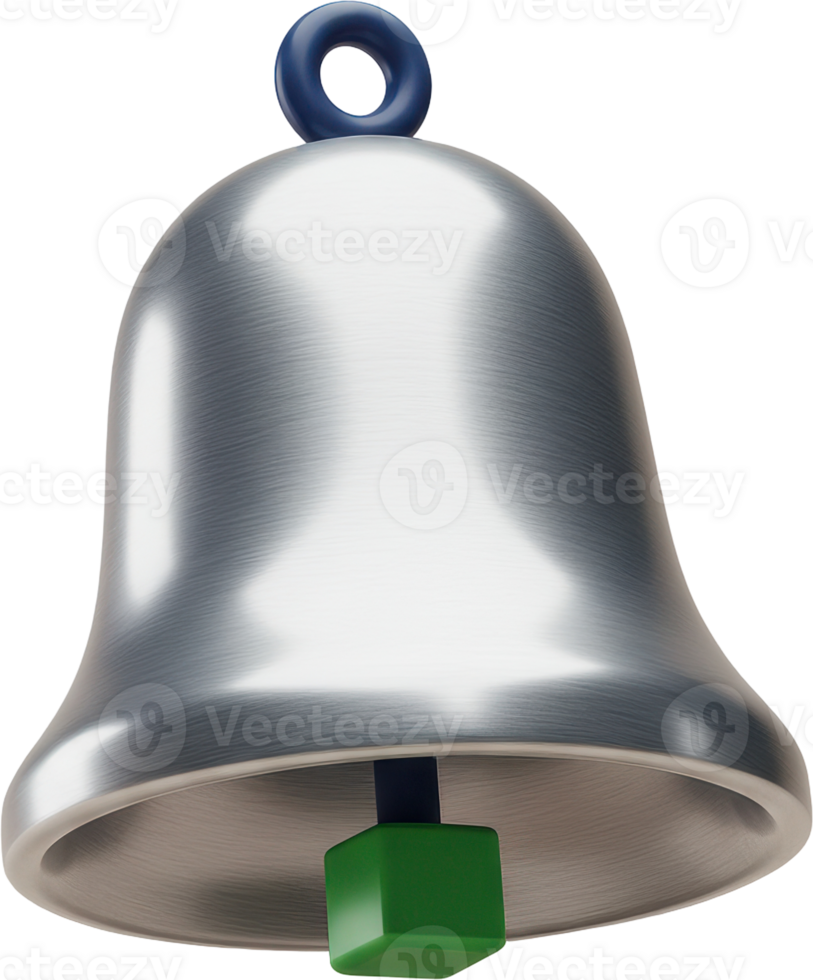 Sleek brushed metallic notification bell with blue loop and green clapper png